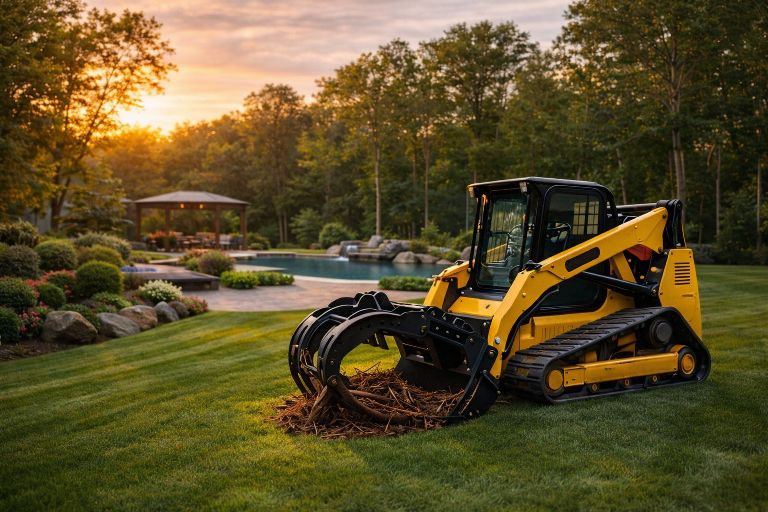 GradeCraft skid steer clearing luxury NJ property with pool and landscaping